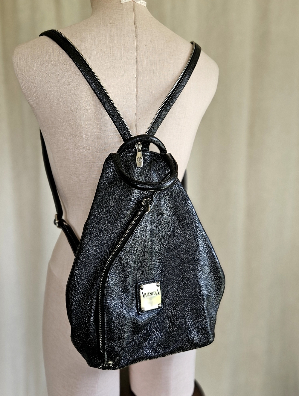 Valentina Italia Black Pebble Leather Convertible Sling Backpack Silver Hardware